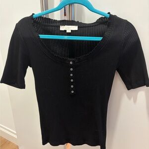 LOFT Black Buttoned Ribbed Tee